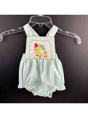 Vintage Little Set Green Baby Romper With Duck Embroidery & Bib Overall NWT